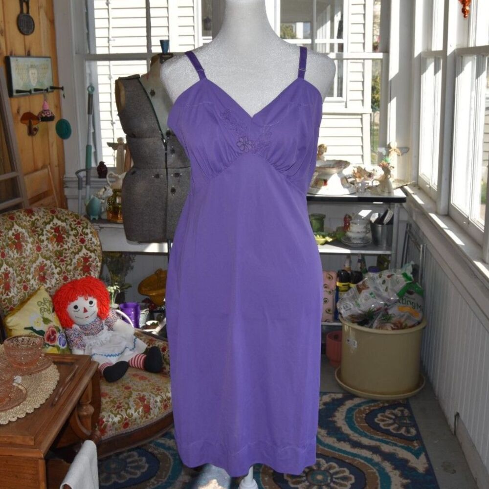 Vintage Shadowline Slip Dress Hand Dyed Purple Nylon Lace Size 36